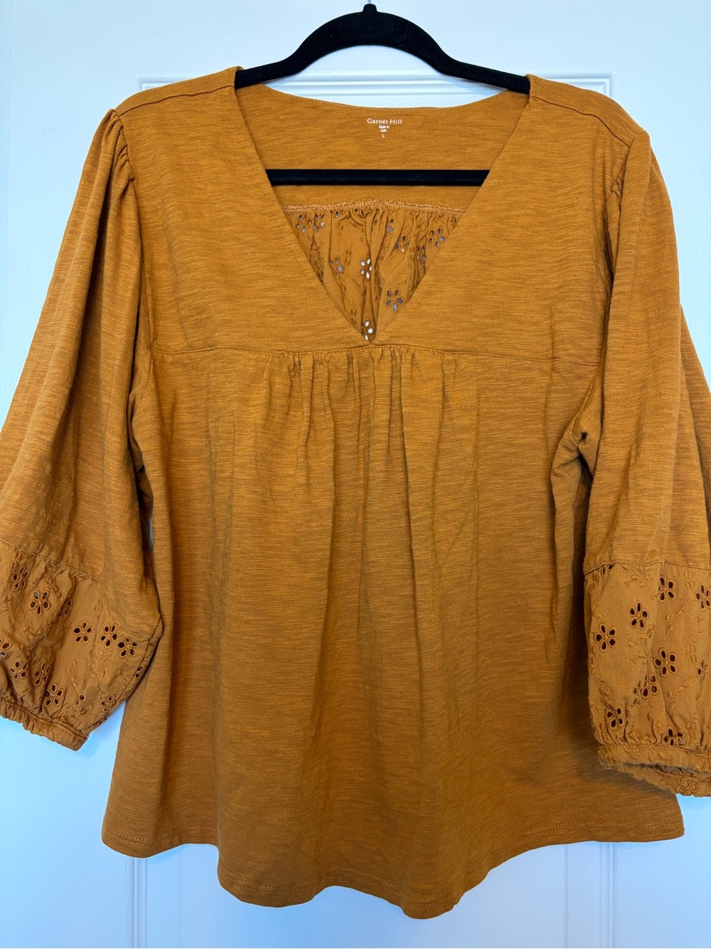 Garnet Hill Mustard Mixed-Media Eyelet Puff Sleeve Top Organic Cotton Tencel L